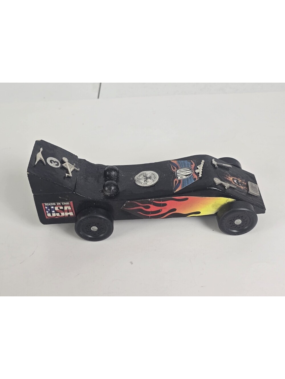 Vintage Built BSA Pinewood Derby Race Car. Boy scouts Black W/ Flames